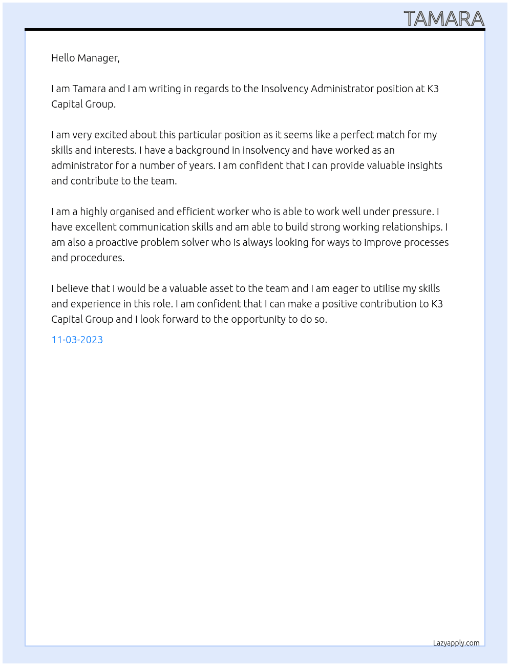 Insolvency Administrator  At K3 Capital Group Cover Letter