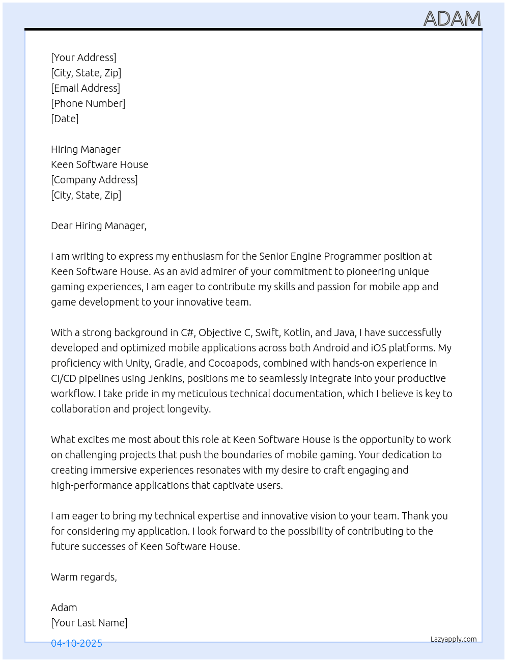 Cover letter for senior engine programmer - LazyApply