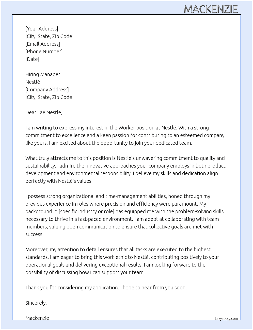 Cover letter for worker - LazyApply