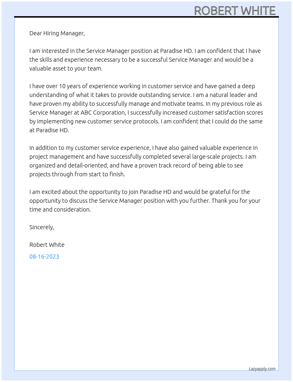 Service manager At Paradise HD Cover Letter