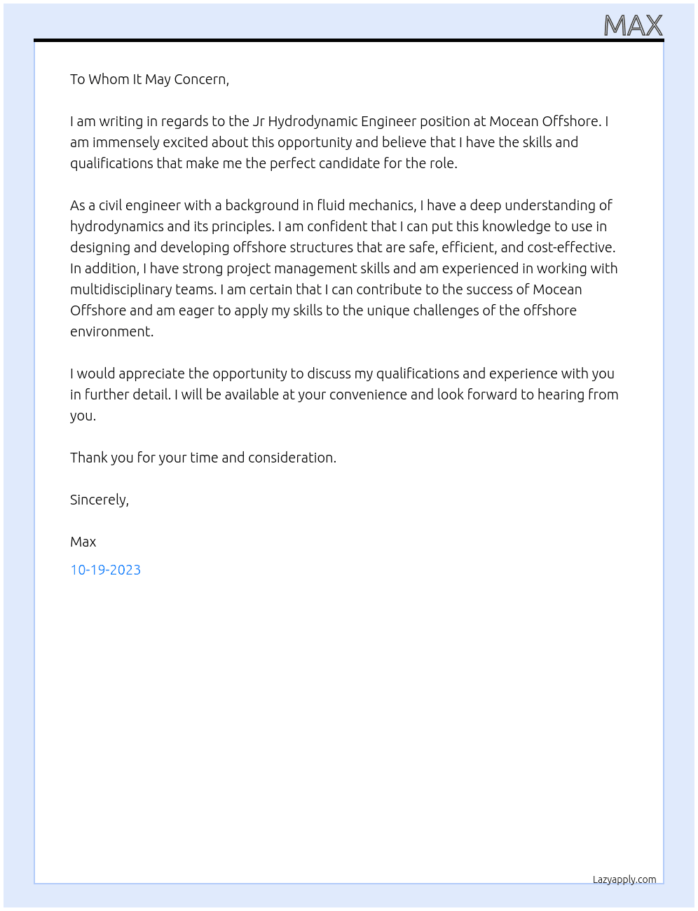 Jr Hydrodynamic Engineer  At Mocean Offshore, Cover Letter