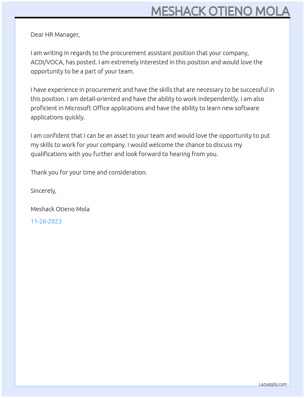 PROCUREMENT ASSISTANTS At ACDI/VOCA Cover Letter