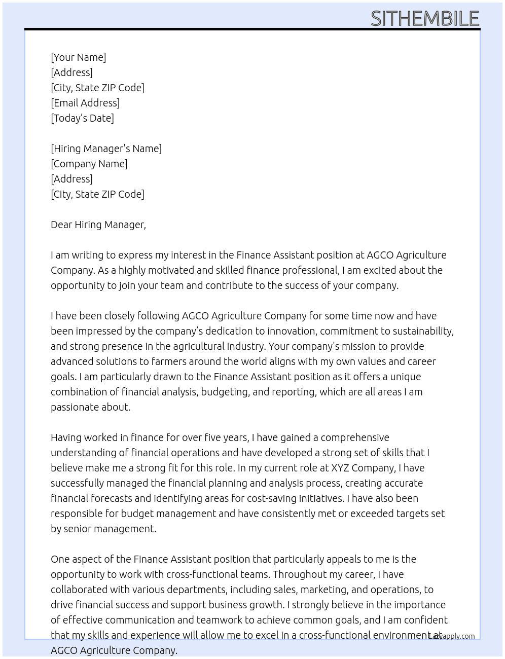 Finance Assistant At AGCO Agriculture Company Cover Letter