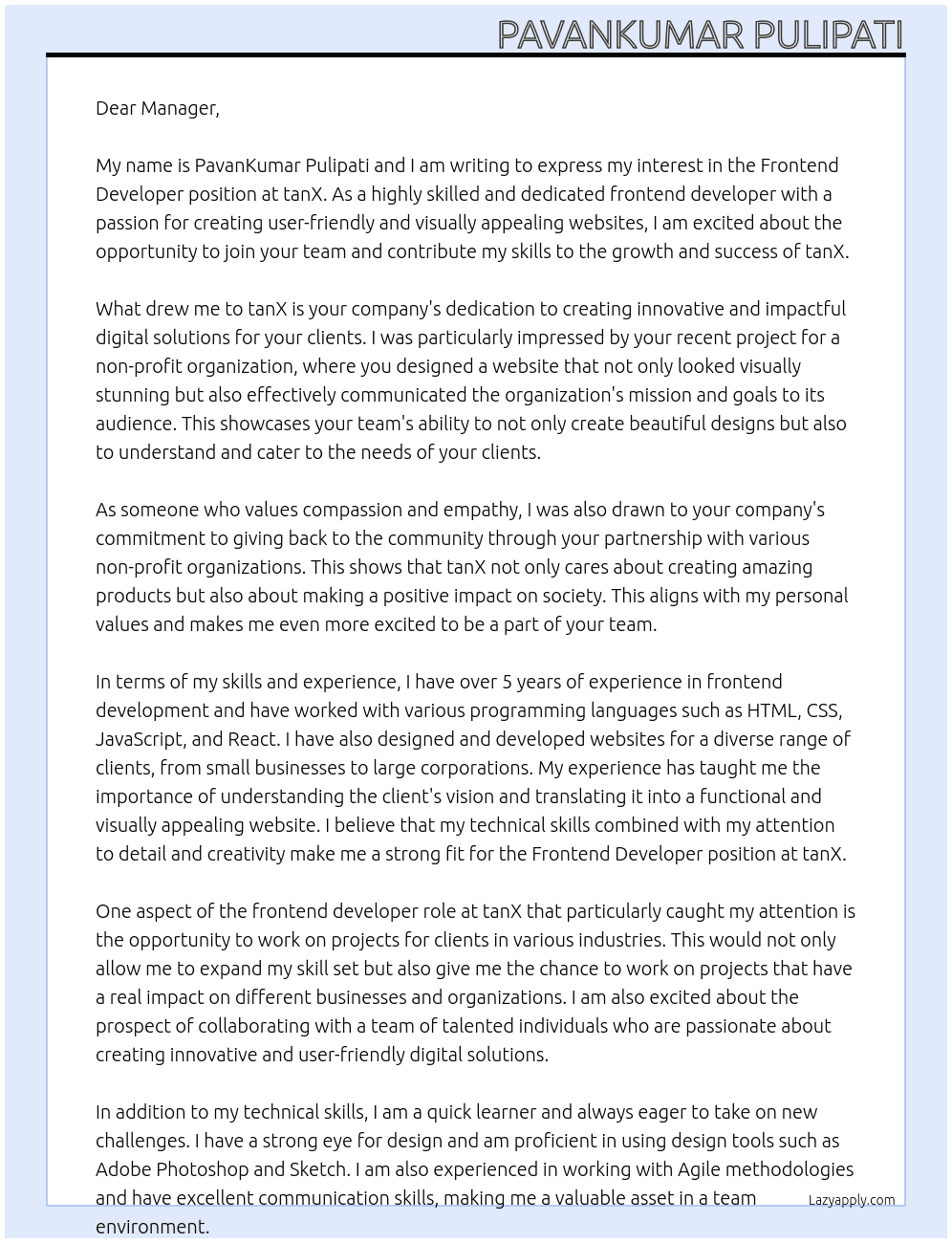 Frontend Developer At tanX Cover Letter