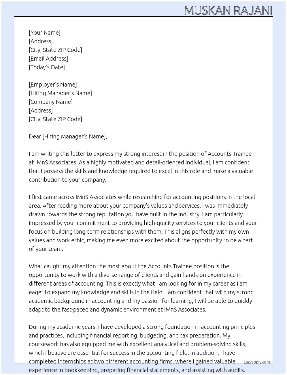 accounts trainee At IMnS Associates Cover Letter