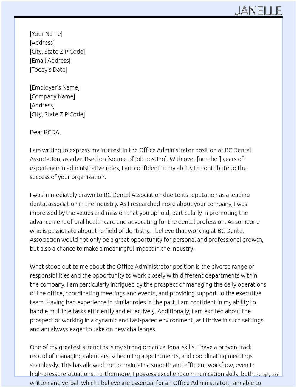Office Administrator At BC Dental Association Cover Letter