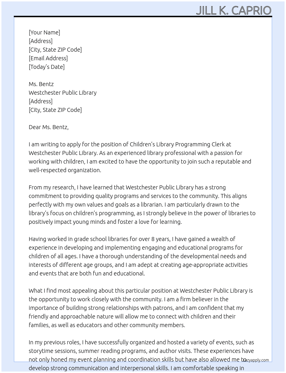 Children’s Library Programming Clerk  At Westchester Public Library Cover Letter