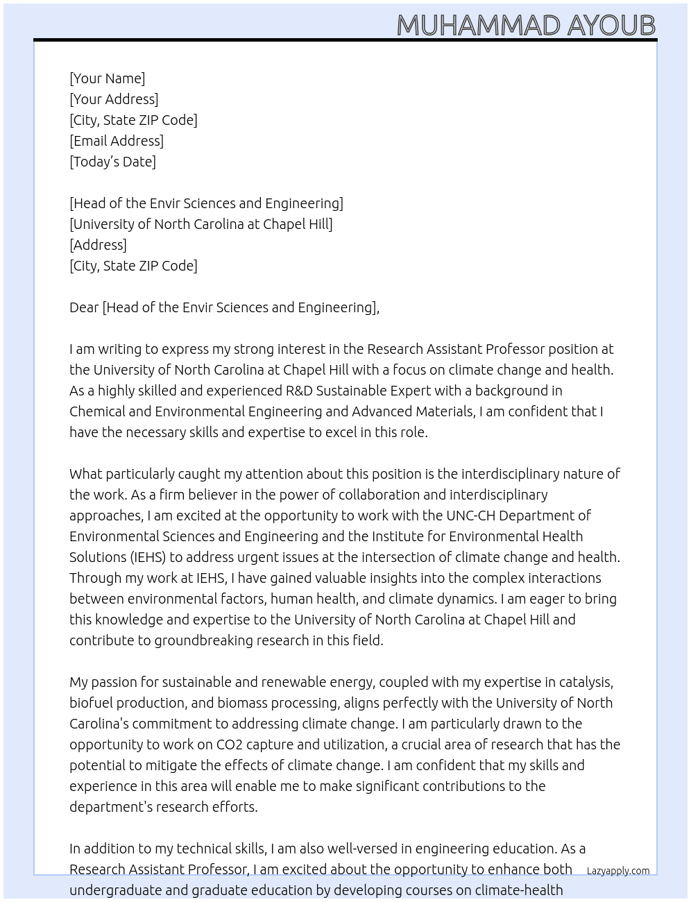 Research Assistant Professor At University of North Carolina at Chapel Hill  Cover Letter