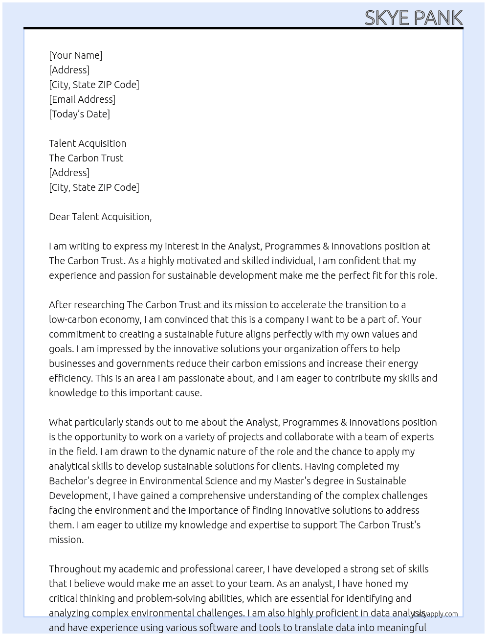 Analyst, Programmes& Innovations At The Carbon Trust Cover Letter