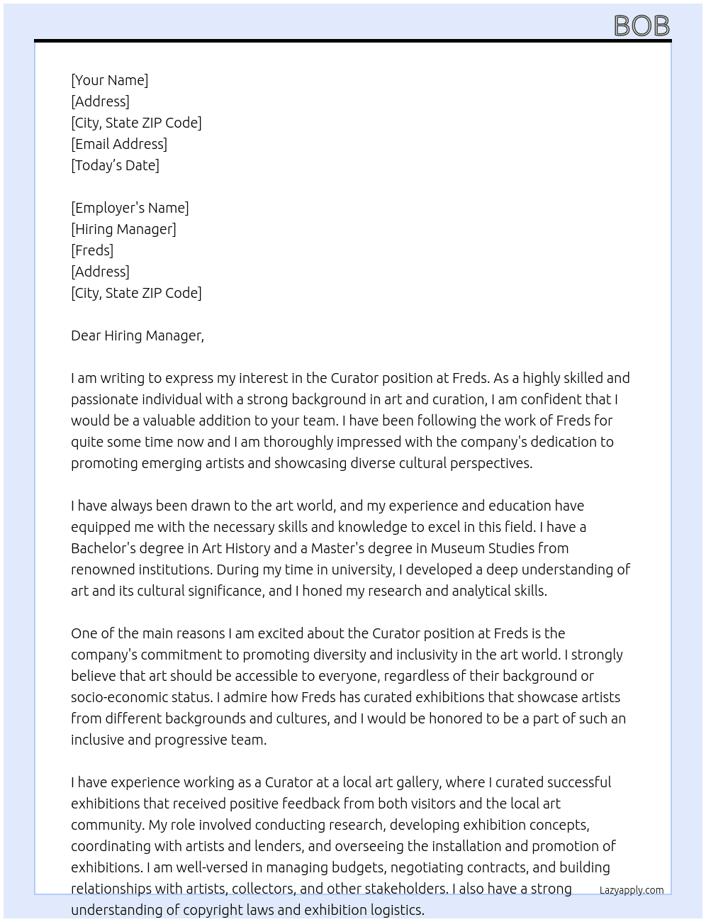 curator At freds Cover Letter
