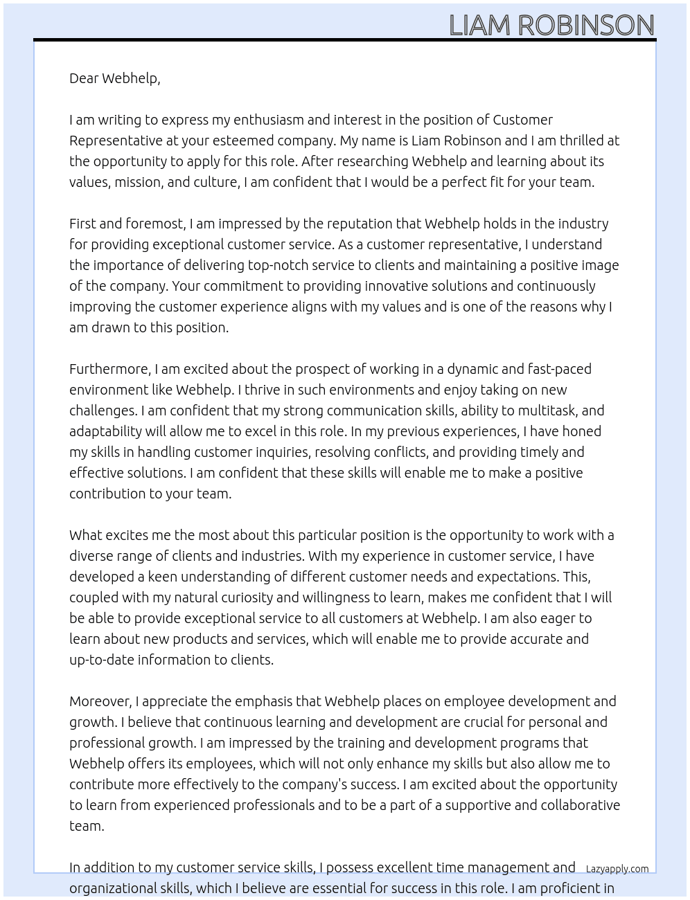Customer Representative  At Webhelp  Cover Letter