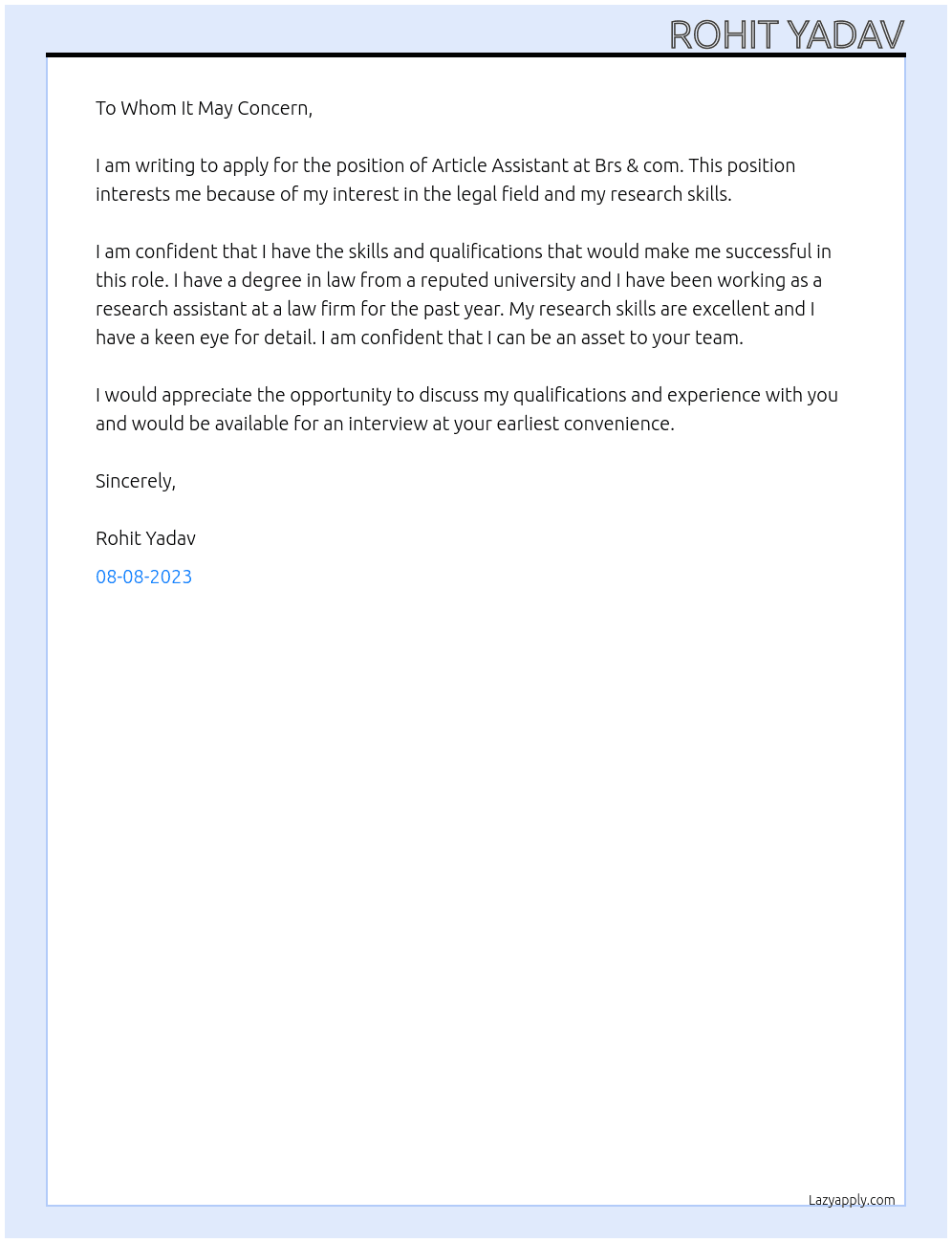 Article assistant At Brs & com.  Cover Letter
