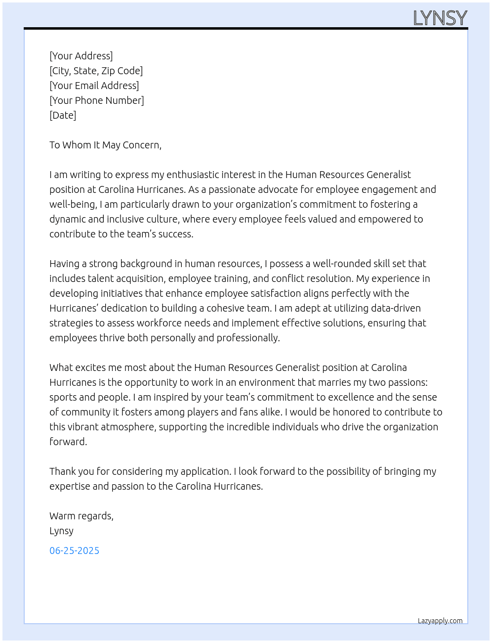 Human Resources Generalist At Carolina Hurricanes  Cover Letter