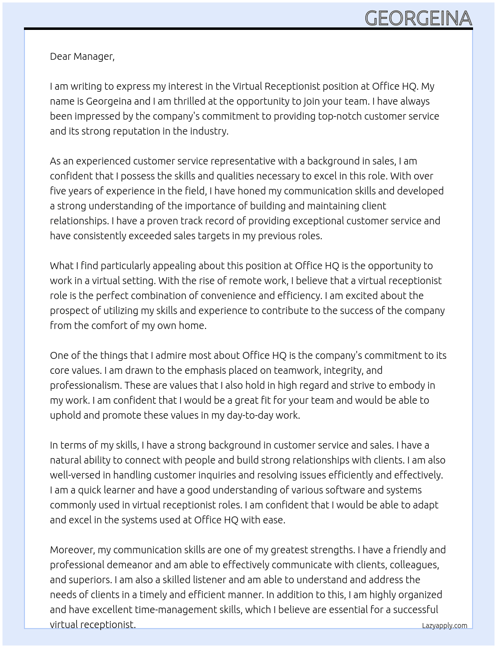 Cover letter for virtual receptinist - LazyApply