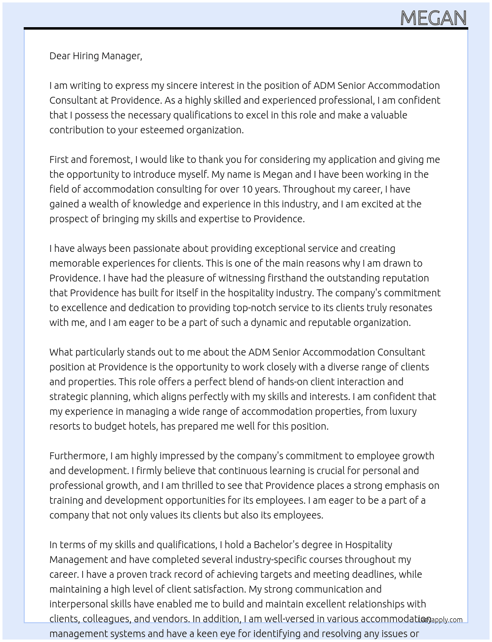 ADM Senior Accommodation Consultant At Providence Cover Letter