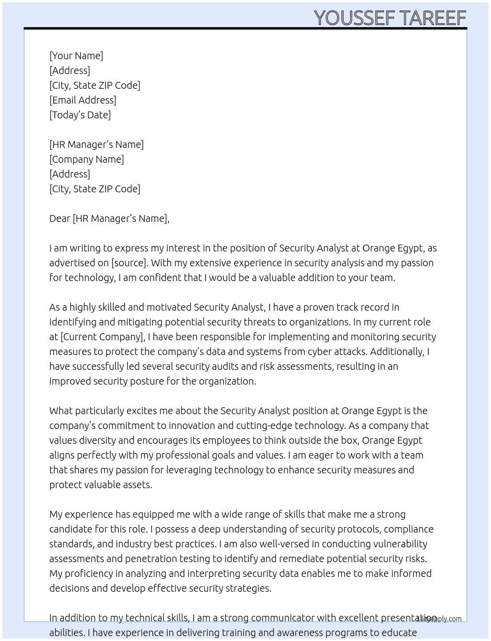 Security analyst At Orange Egypt Cover Letter