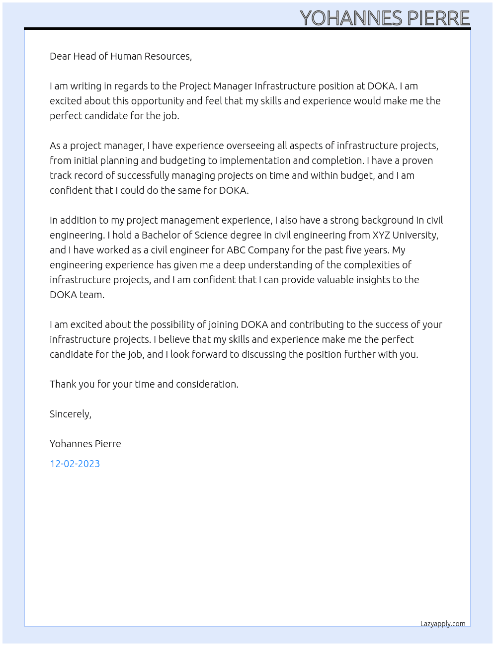 Project Manager Infrastructure At DOKA Cover Letter