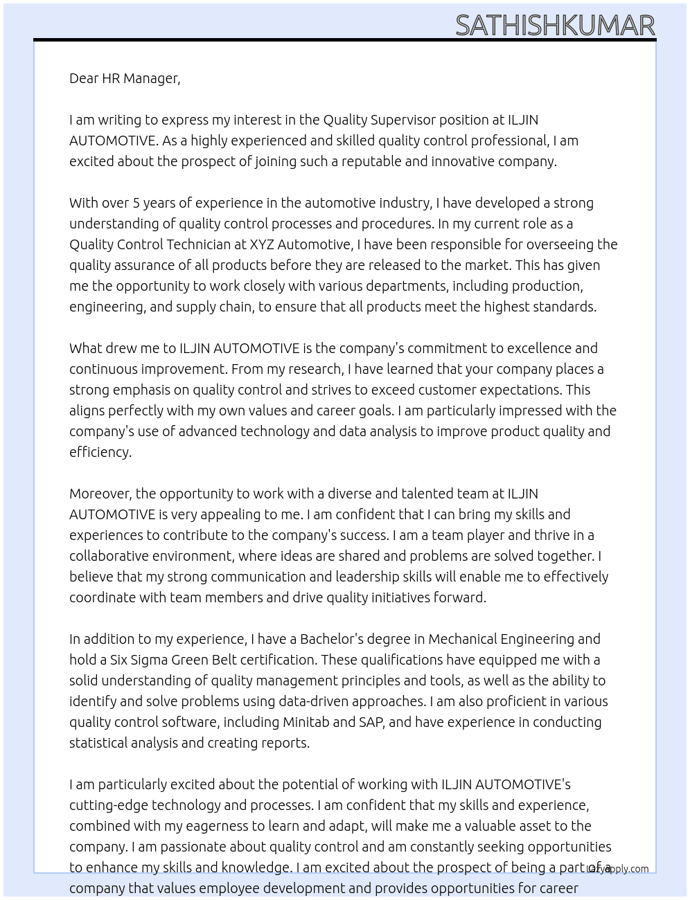 Quality supervisor  At ILJIN AUTOMOTIVE  Cover Letter