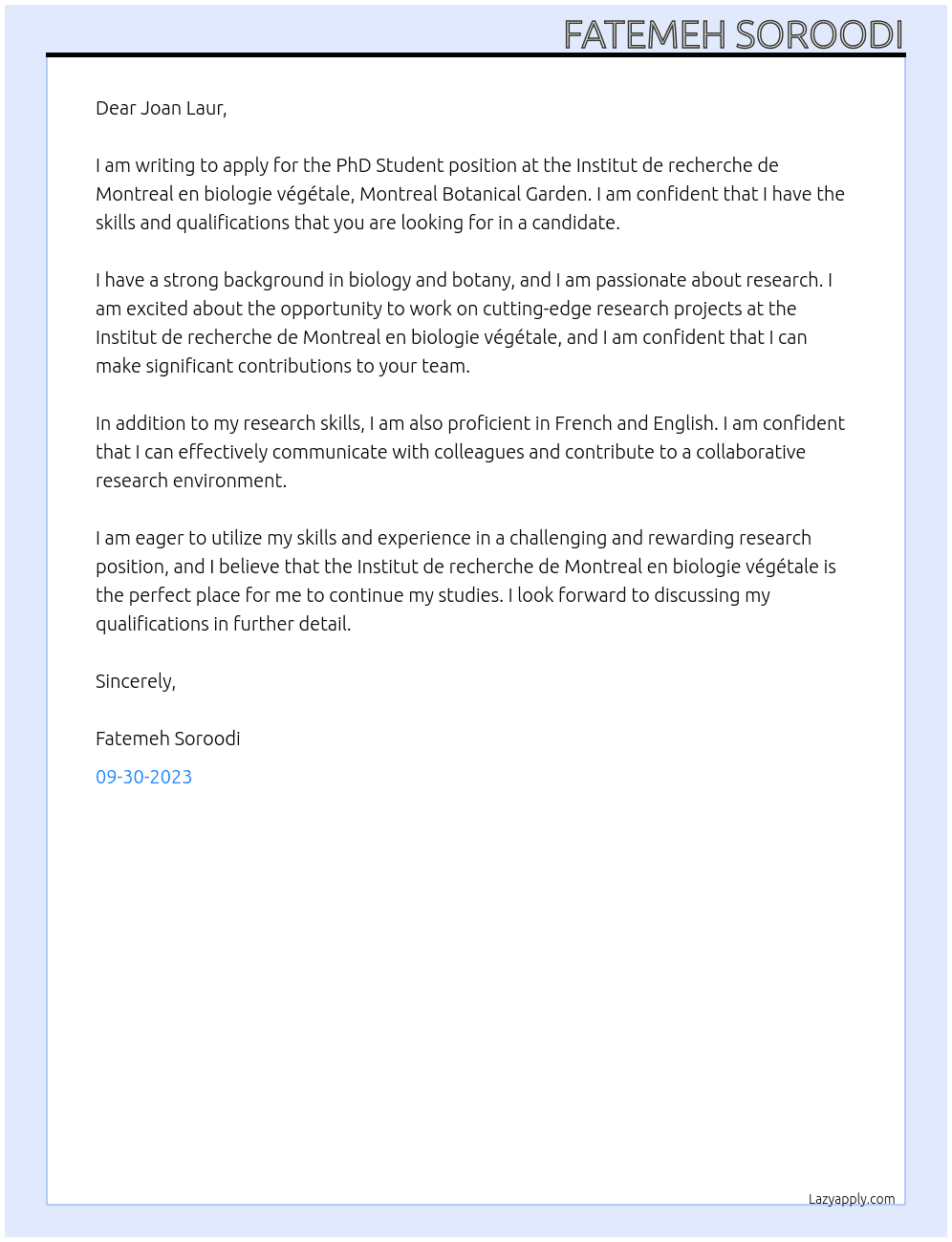 PhD Student At Institut de recherche de Montreal en biologie végétale, Montreal Botanical Garden Cover Letter