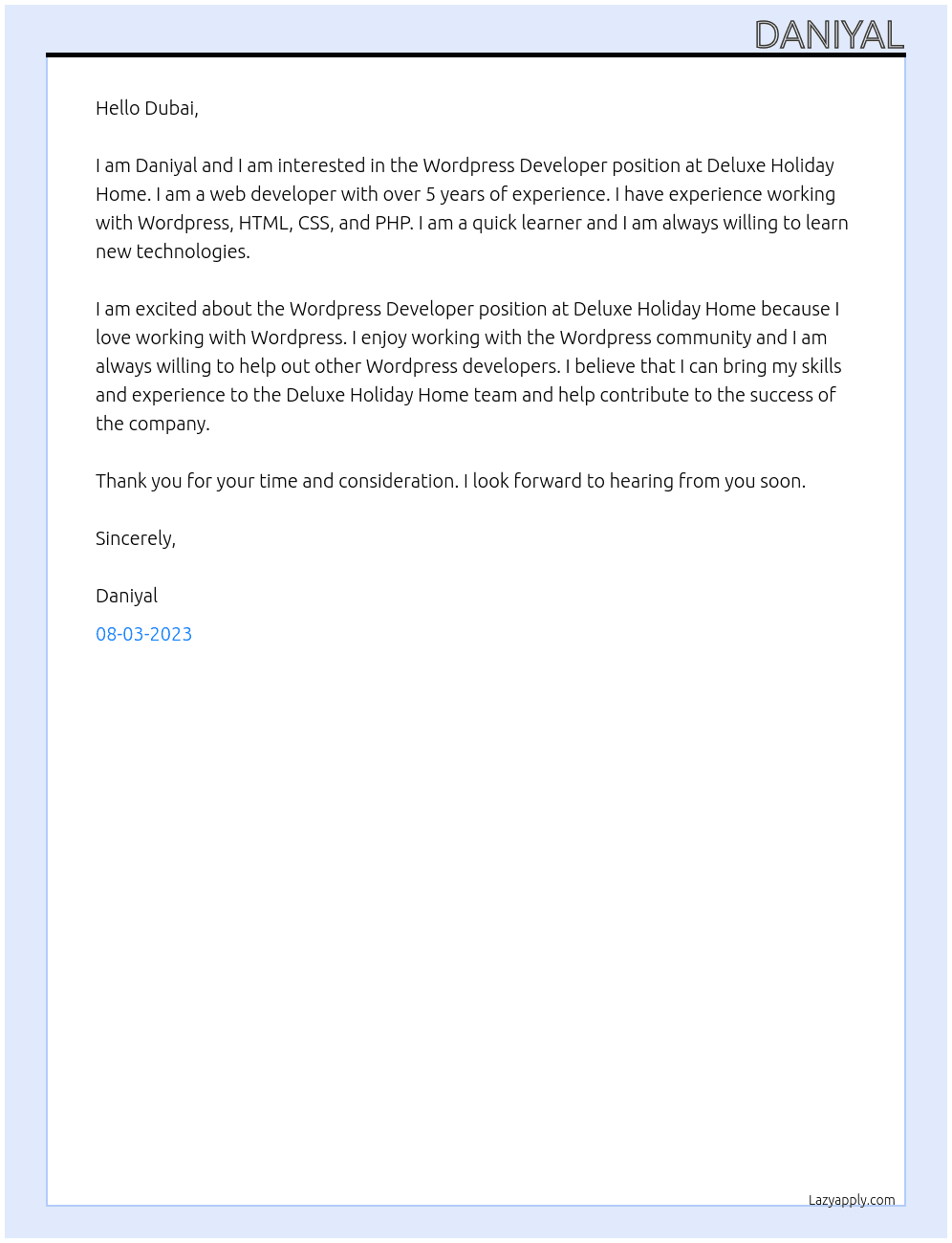 Wordpress Developer At Deluxe Holiday Home Cover Letter