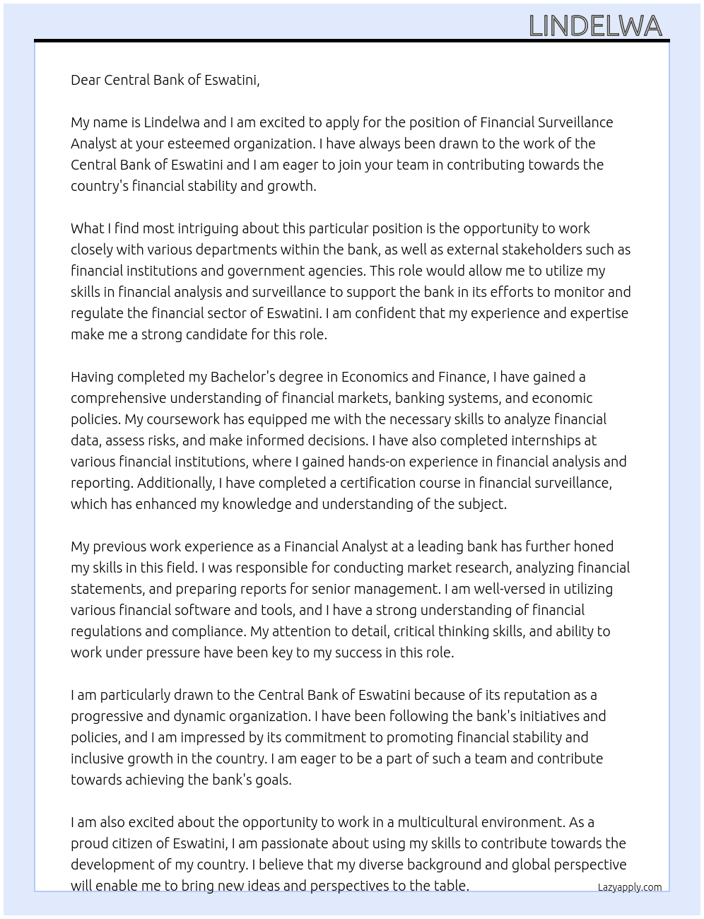 Financial Surveillance Analyst  At Central Bank of Eswatini Cover Letter