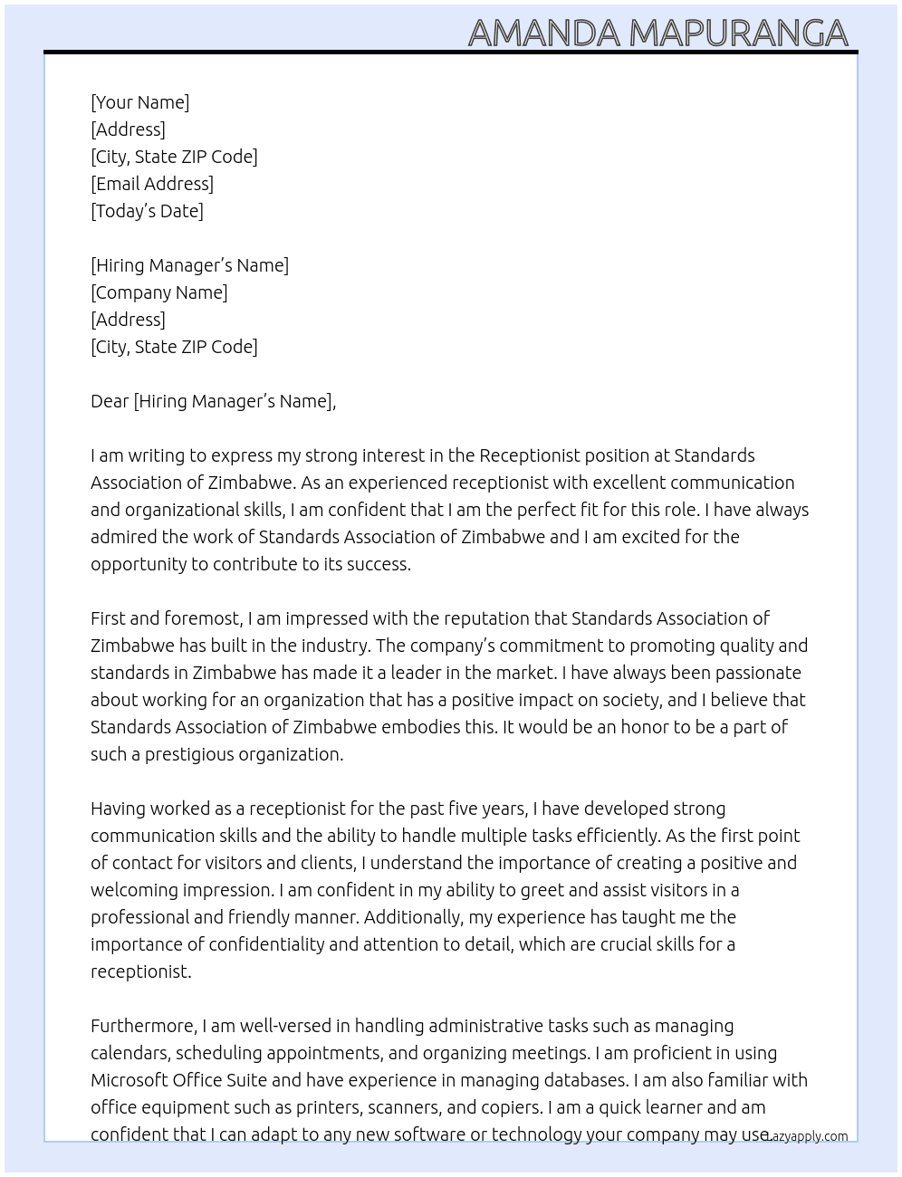 receptionist At standards association of zimbabwe   Cover Letter