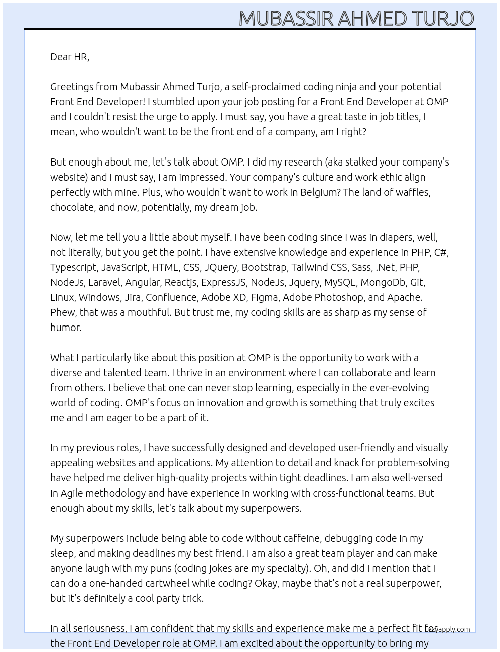 Front end developer At OMP Cover Letter