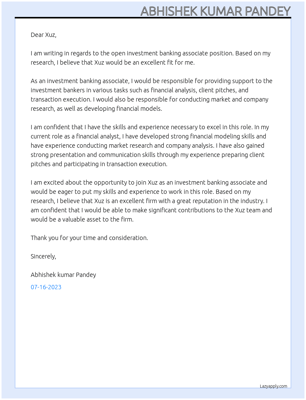 Investment banking associate At Xuz Cover Letter
