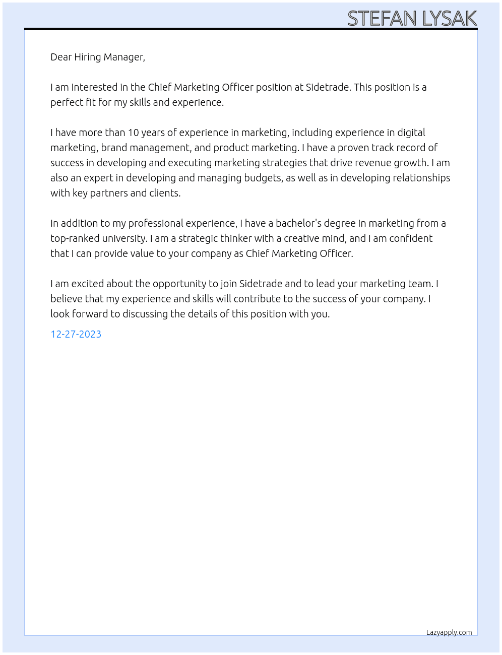 Chief Marketing Officer At Sidetrade Cover Letter