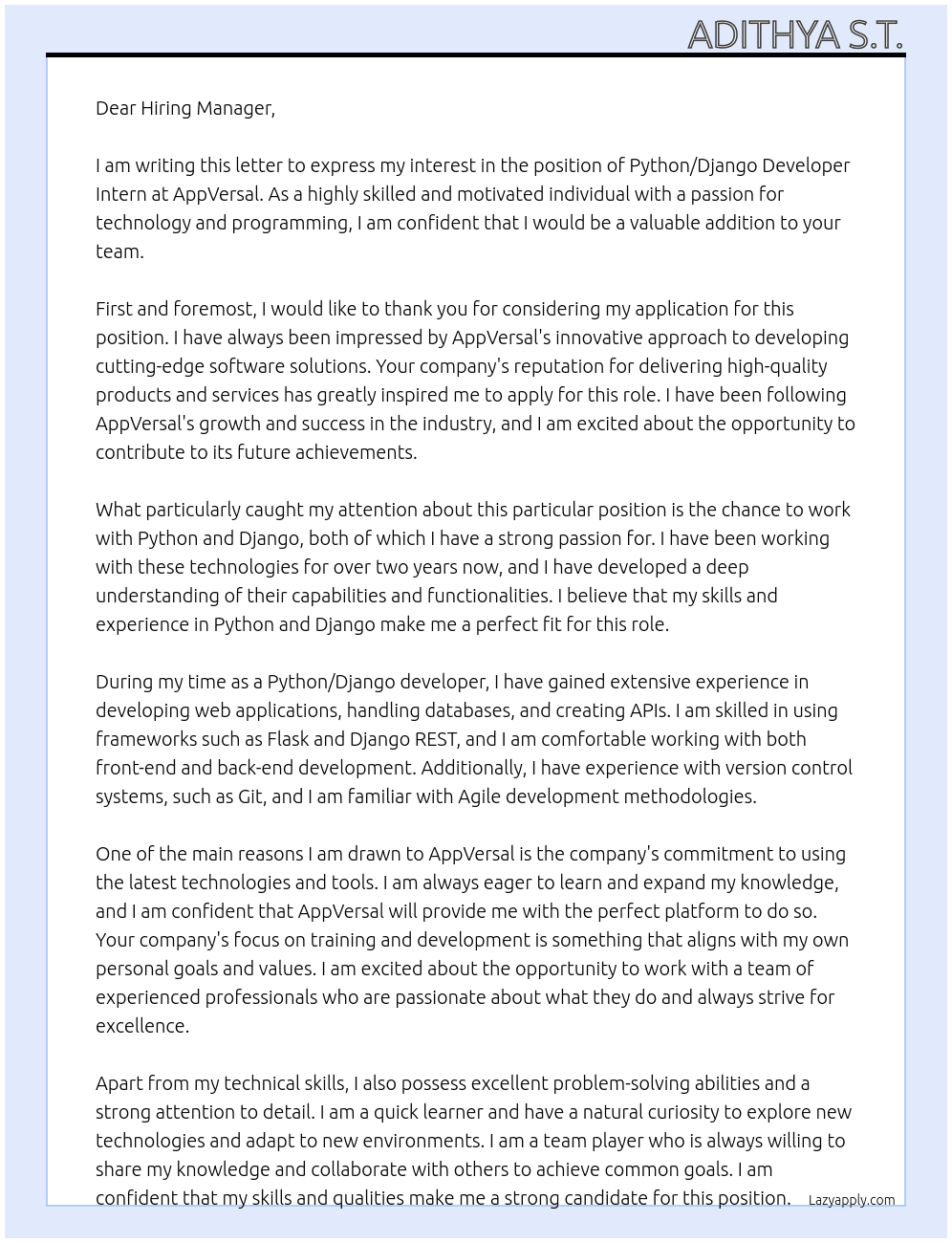 Python/Django Developer Intern At AppVersal Cover Letter