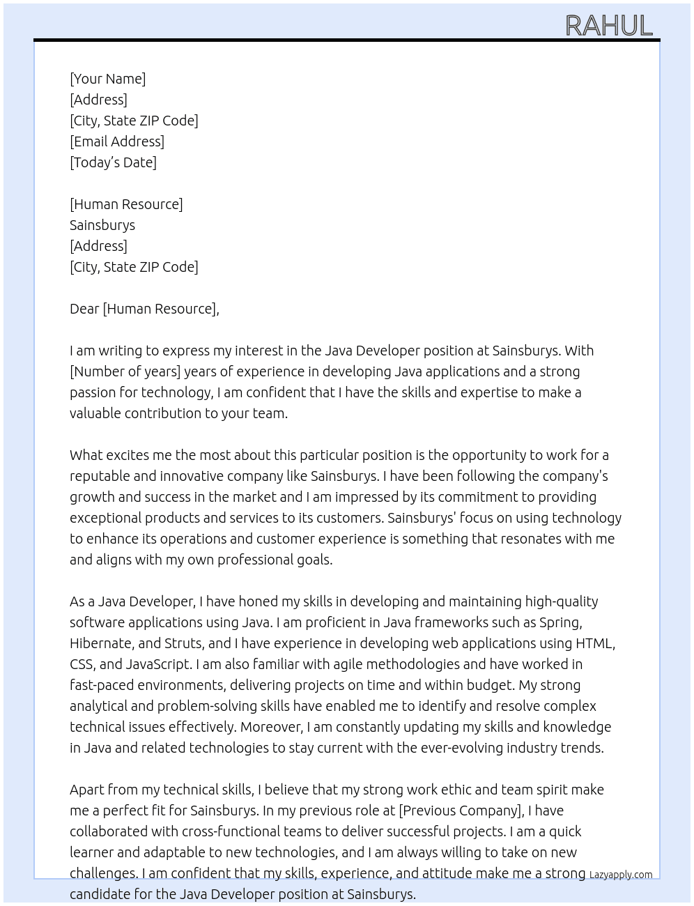Java Developer  At Sainsburys Cover Letter