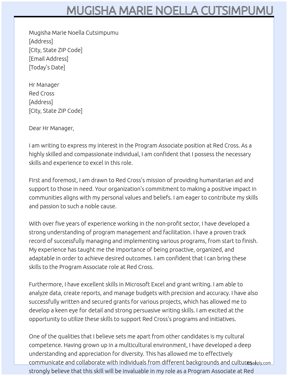 Program associate  At Red Cross Cover Letter