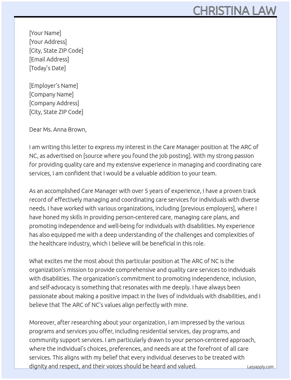 Care Manager At The ARC of NC Cover Letter