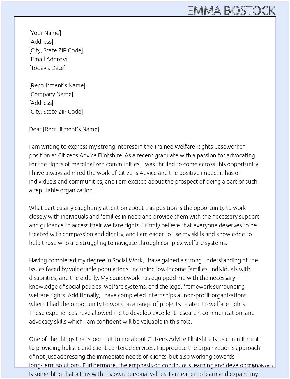 Trainee Walfare Rights Caseworker At Citizens Advice Flintshire Cover Letter