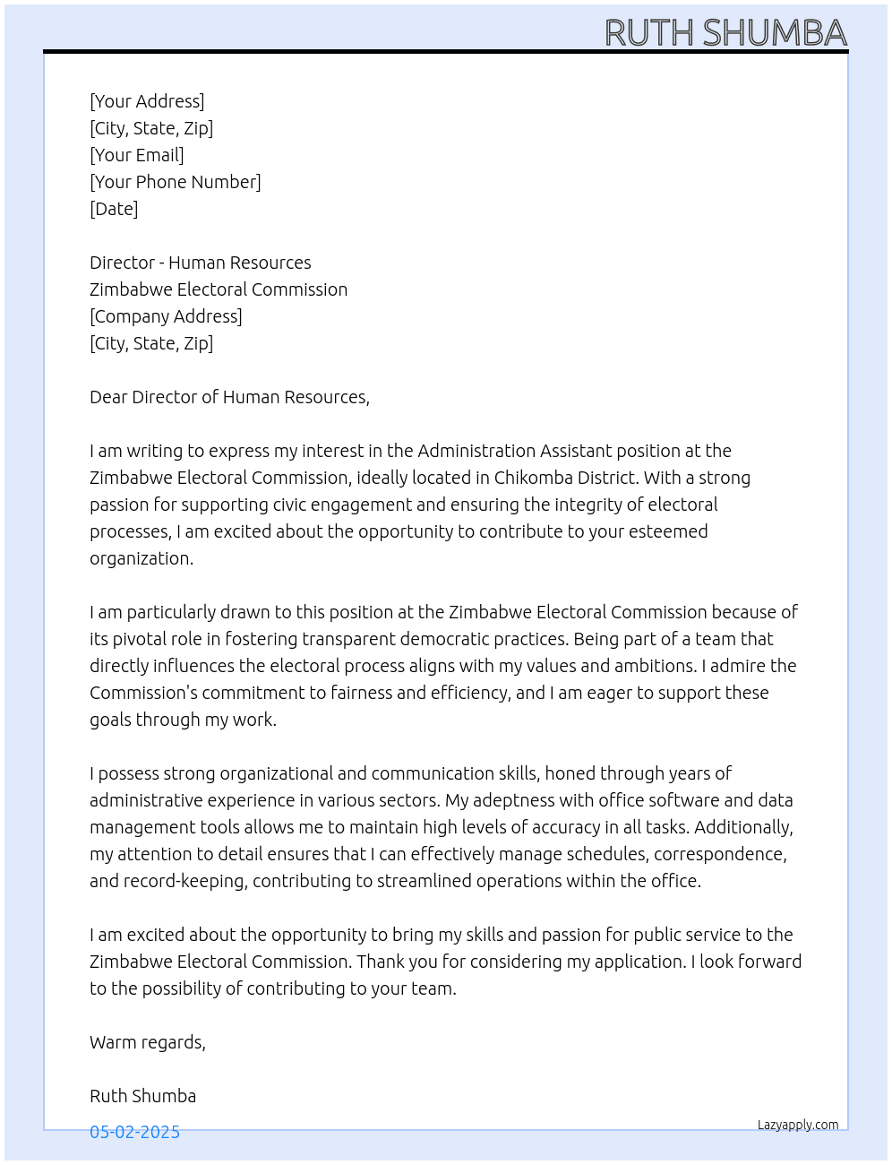 Administration assistant  At Zimbabwe Electoral Commission  Cover Letter