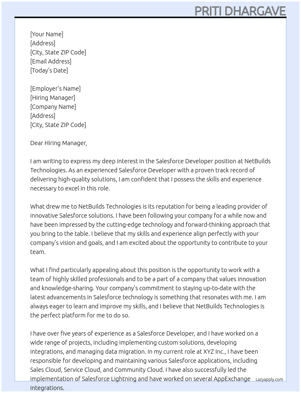 Salesforce Developer At NetBuilds Technologies  Cover Letter