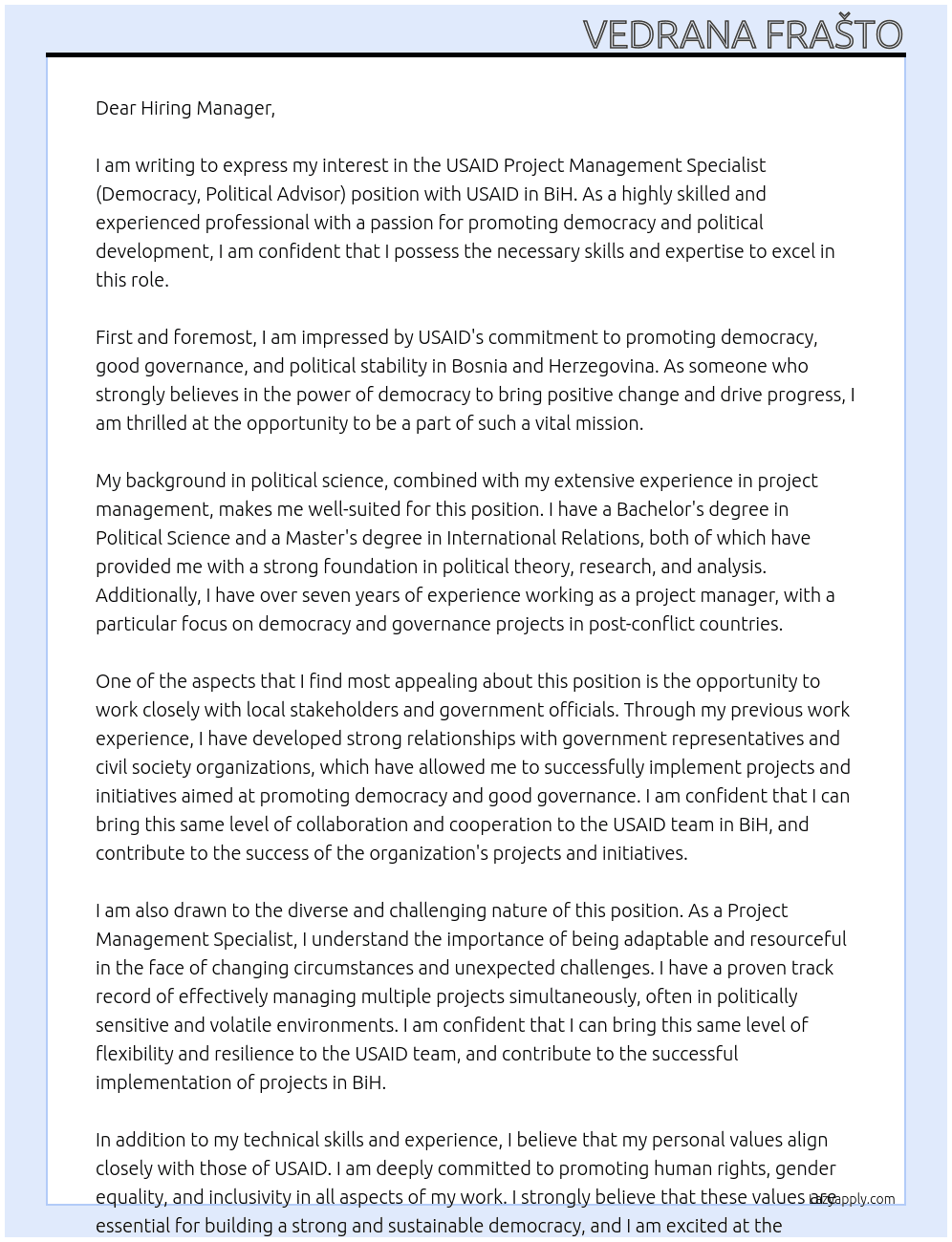 USAID Project Management Specialist (Democracy, Political Advisor) At USAID in BiH Cover Letter