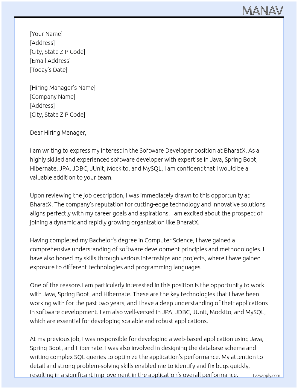 Software Developer At BharatX Cover Letter