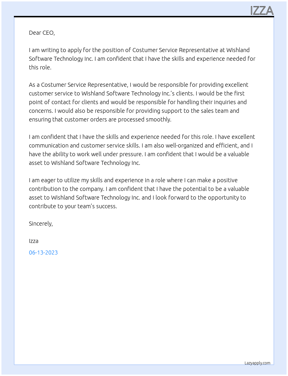 Costumer Service Representative At Wishland Software Technology Inc. Cover Letter