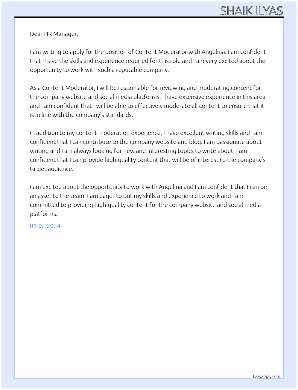 CONTENT MODERATOR At ANGELINA Cover Letter