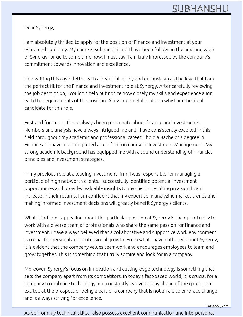 FINANCE AND INVESTMENT At SYNERGY Cover Letter