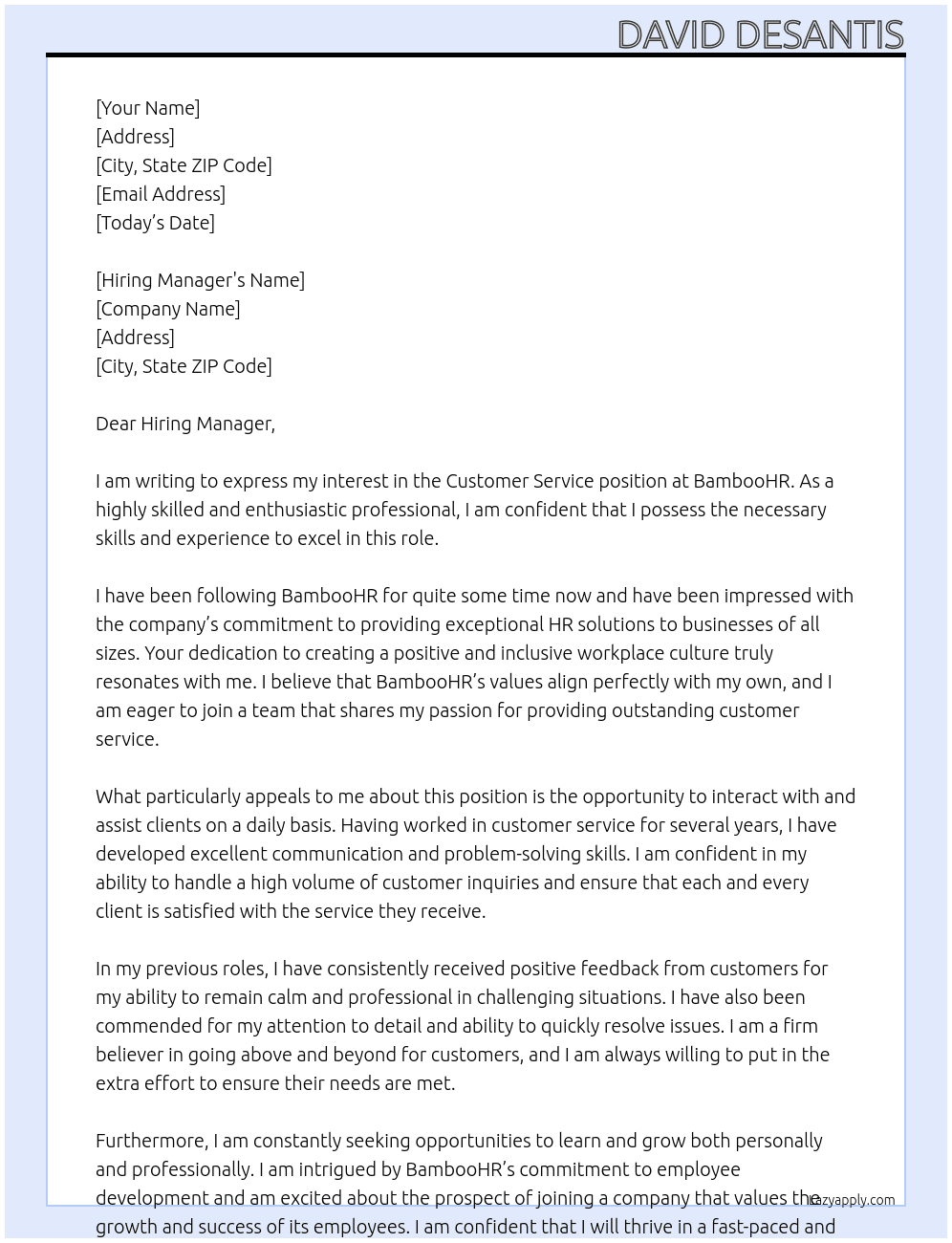 Customer Service At BambooHR Cover Letter