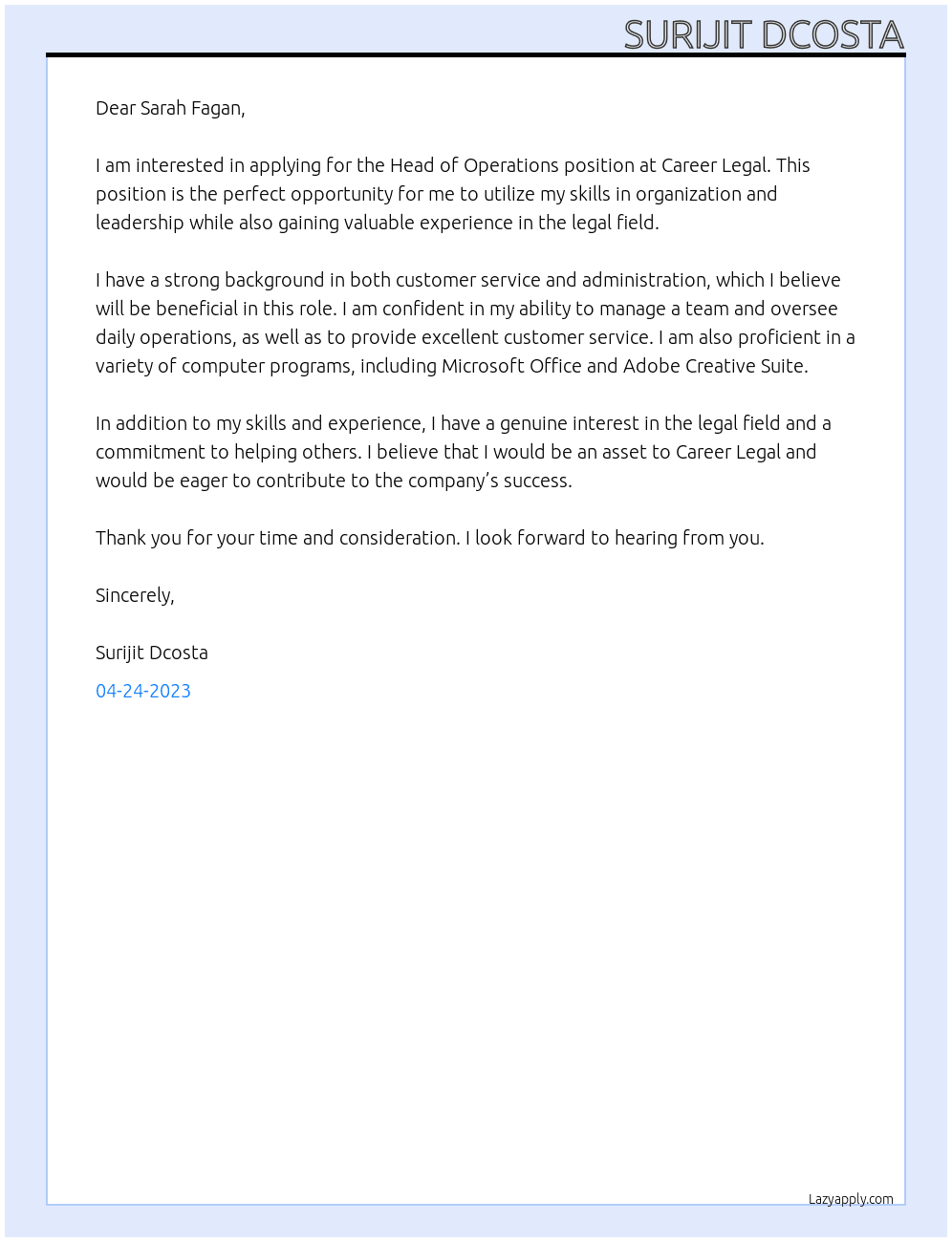 Head of Operations At Career Legal Cover Letter
