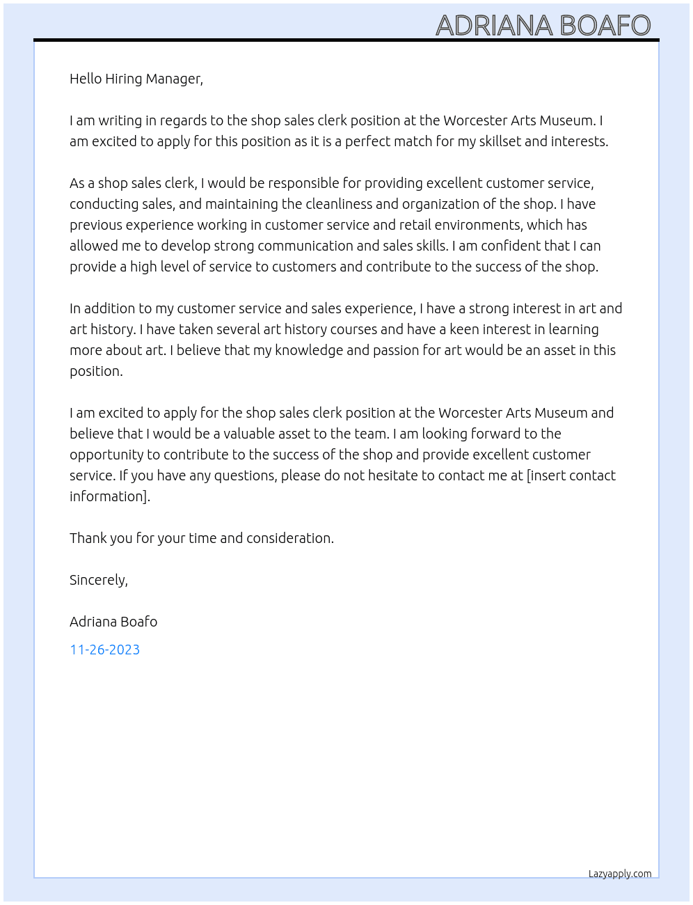 Shop sales clerk At Worcester Arts Museum  Cover Letter
