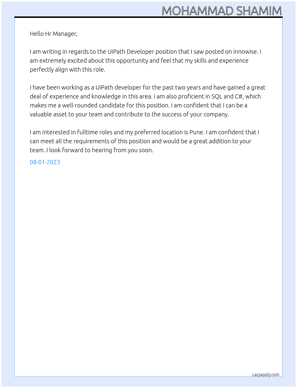 UiPath Developer At Innowise Cover Letter