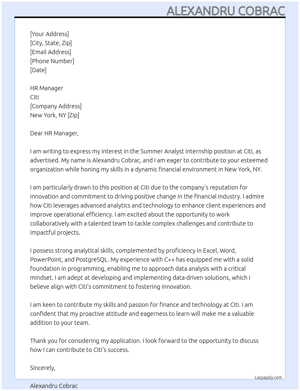 Summer Analyst At Citi Cover Letter
