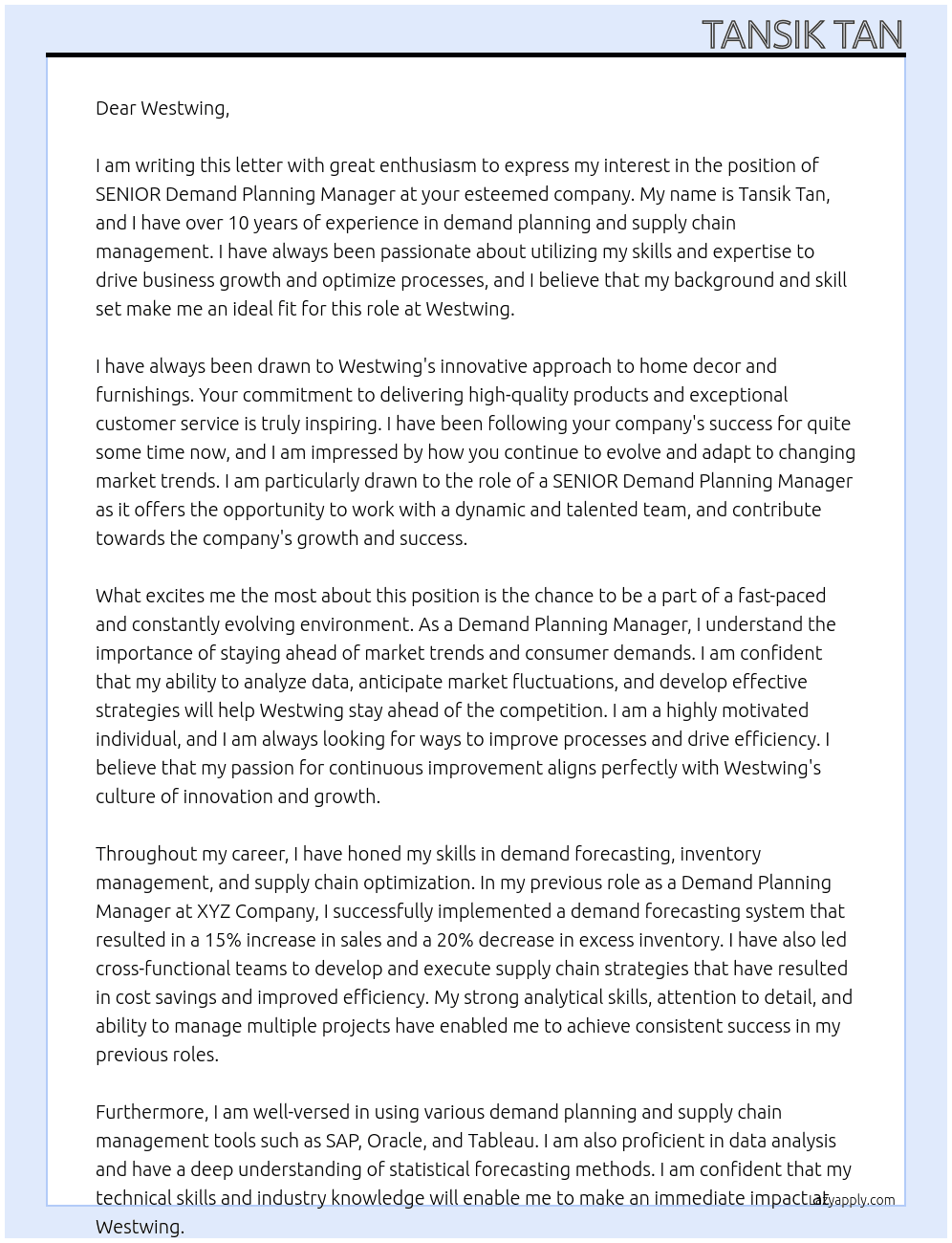 SENIOR Demand Planning Manager At Westwing Cover Letter