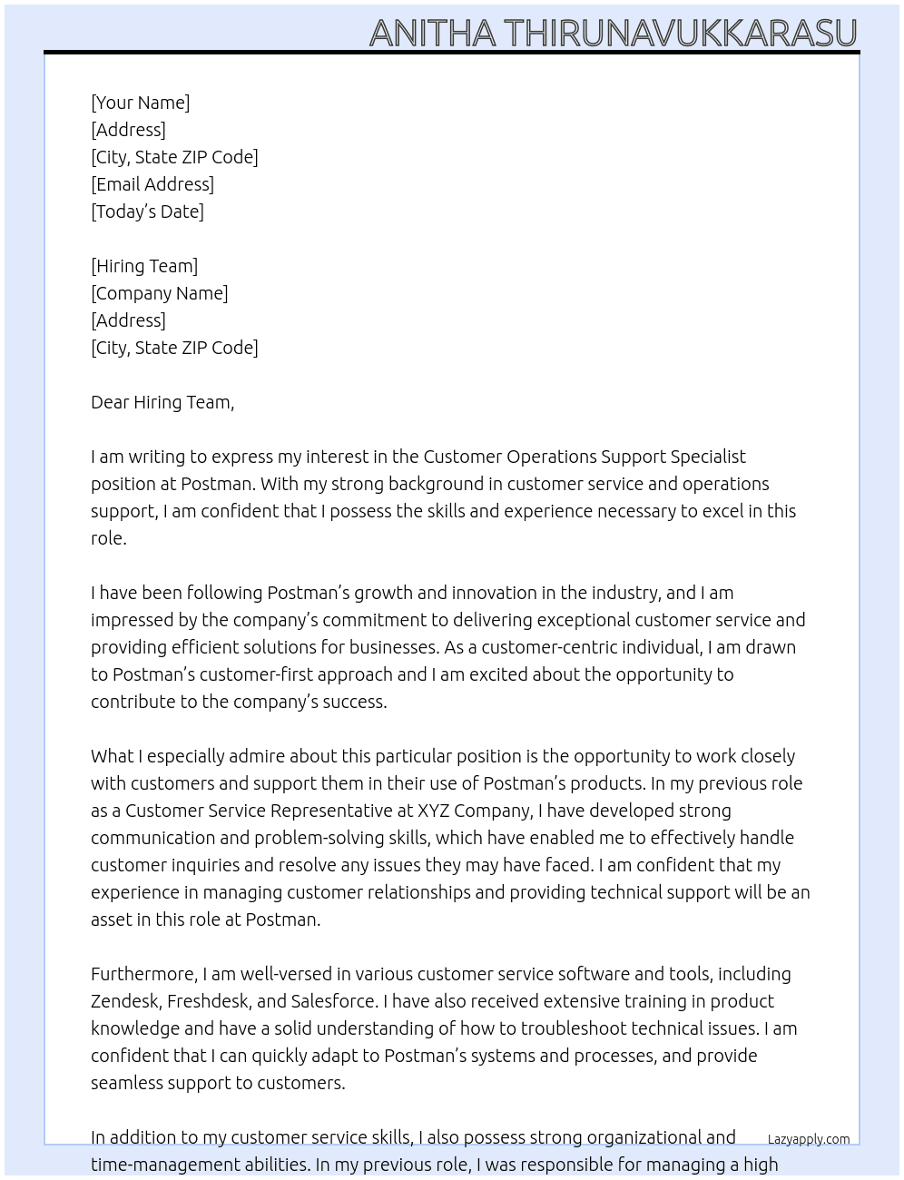 Customer Operations Support Specialist At Postman Cover Letter