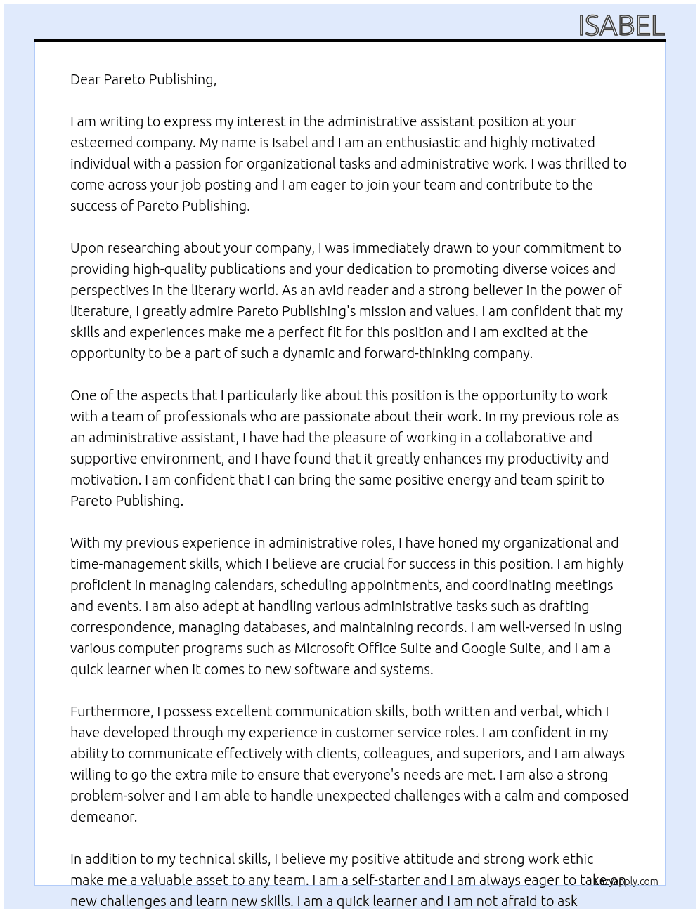 administrative assistant At Pareto publishing Cover Letter