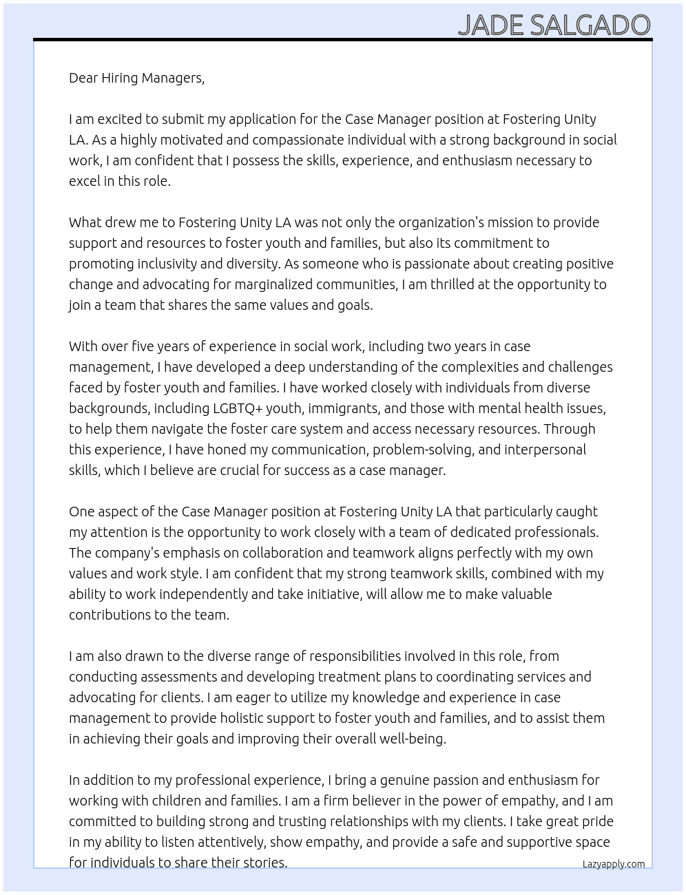 Case manager At Fostering Unity LA Cover Letter